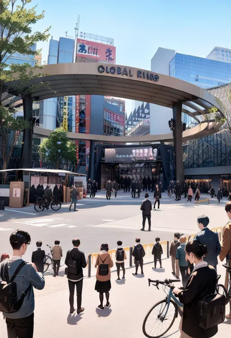 people walking and biking in a city square with a large arch