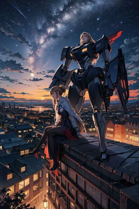 octans, sky, star (sky), scenery, starry sky, night, 1girl with a big mecha robot aside, night sky, solo, outdoors, building, cloud, (milky way),moon, sitting, tree, long hair, city, silhouette, skyline, <lora:octans-PYNOISE-LOHA:1>,far view,