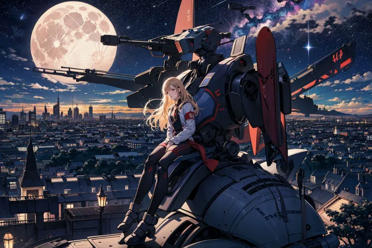 octans, sky, star (sky), scenery, starry sky, night, 1girl sitting on a big mecha robot, night sky, solo, outdoors, building, cloud, (milky way),moon, sitting, tree, long hair, city, silhouette, skyline, <lora:octans-PYNOISE-LOHA:1>,far view,