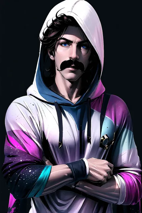 there is a man with a mustache and a hoodie holding a knife