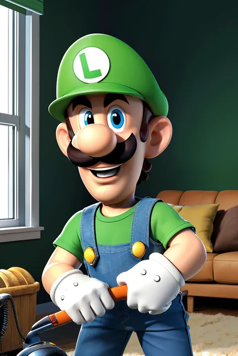 luigi, cartoon, mustache, green shirt, green hat, white gloves, blue eyes, standing, looking at camera, happy, dynamic shot, 
indoors,living room, vacuuming,  spooky ambiance, extremely detailed, hdr,  bounce lighting, <lora:Luigi:.7>