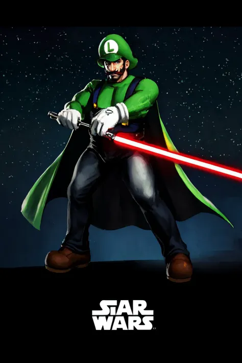 a man in a green cape holding a light saber