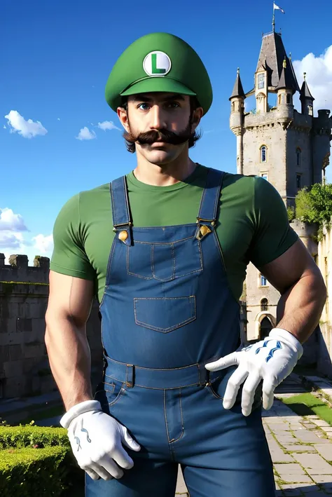 luigi, mustache, green shirt, overalls, green hat, white gloves, blue eyes,
looking at viewer, serious, outside, castle background, blue sky,  <lora:Luigi:.7> extremely detailed, hdr,