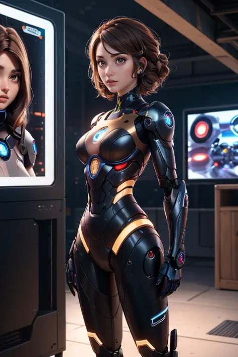 a close up of a woman in a futuristic suit standing in front of a tv