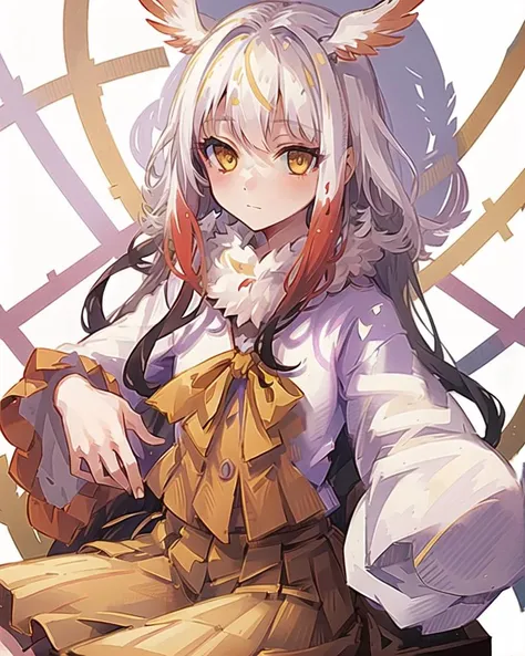 best quality,highly detailed,masterpiece,ultra-detailed,solo,(1girl),Delicate eyes,(white background:1.3),japanese_crested_ibis_(kemono_friends),long hair,yellow eyes,sitting