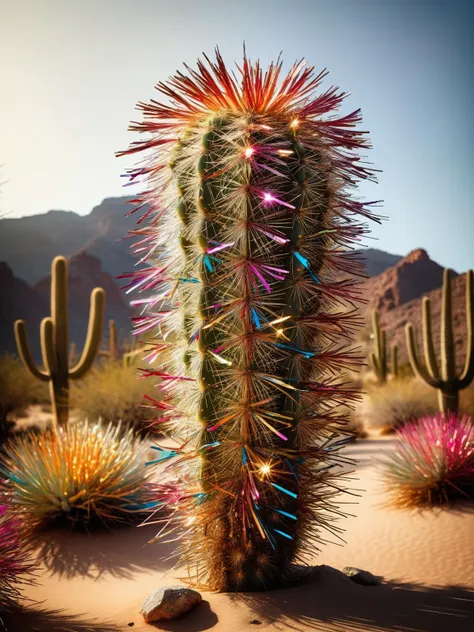 a close up of a cactus with colorful spikes in the desert