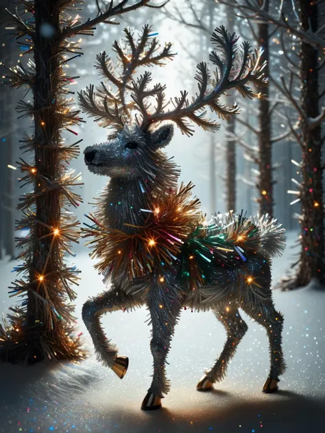 A jubilant reindeer with antlers of shimmering ral-tinsel, prancing through a snowy forest, its hooves kicking up sparkles of light. <lora:ral-tinsel-sdxl:1><lora:EnvyBetterHiresFixXL01:0:hr=1>