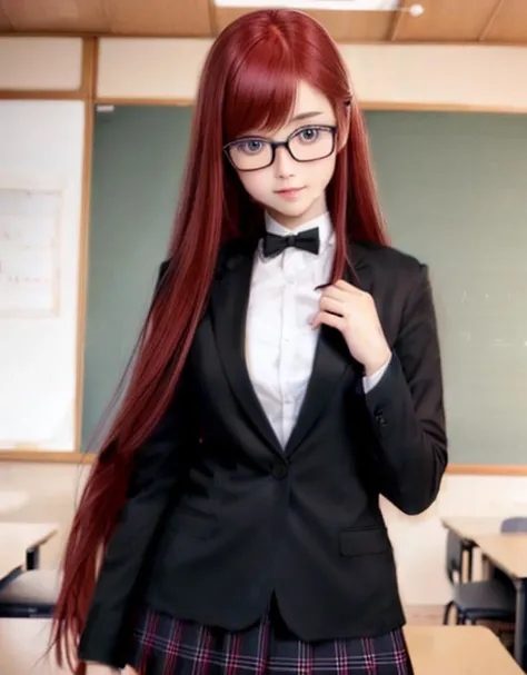 photo of a college student,(pretty eyes), ((japanese classroom background)), dssumire, red hair, long hair, straight hair, shy, glasses, downturned  eyes, shuujin academy uniform, school uniform, black blazer, black pleated skirt, standing, detailed backgr...