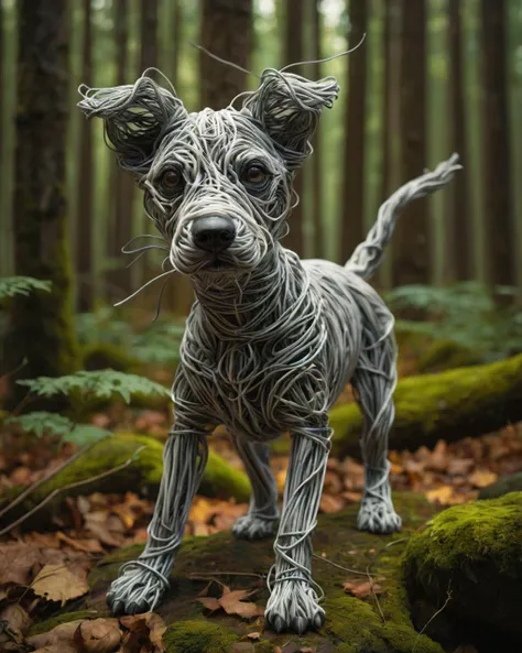 by Artgerm and Tim Burton, concept art, Tenebrism, Energizing (giant Puppy Dog:1.2) , Irish woods, 8K, Pixabay, soft light, Depth of field 100mm, Alabaster color grading, wallpaper, dslr, <lora:wirex:1> wirex, wire sculpture, wix1