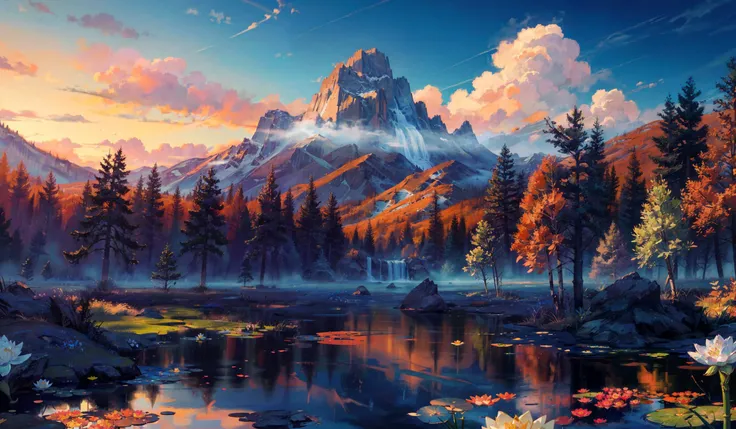 (masterpiece:1.2),best quality,extremely detailed,absurdres,highres,ultra detailed,beautiful sky,(detailed clouds), sunset,cloudy,ethereal scenery, flower field,aesthetic,tall grass,flowers, forest,
(small_pond:1.3),reflection,caustics,lily pad:1.2,bamboo,...