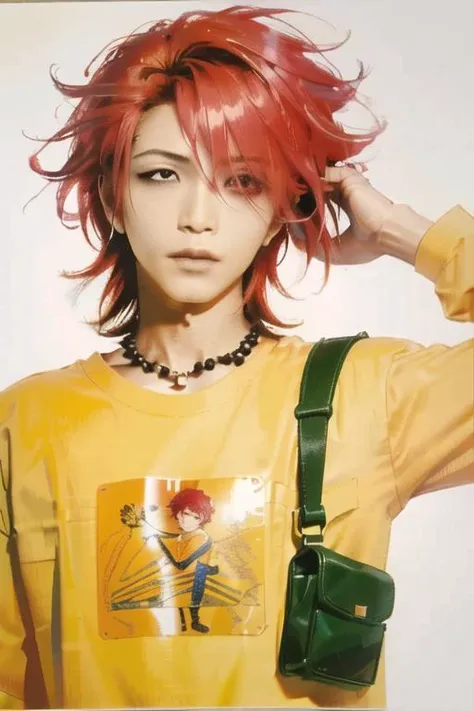 <lora:Copy of PinkSpiderhide:.7>Hideto_Matsumoto, solo, 1boy,male_focus, asian, necklace, jewelry, red hair, hair over one eye, realistic, orange shirt, lips, colored skin, short hair, looking at viewer, shirt, pink hair, upper body