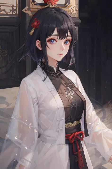 Ultra-realistic 8k CG, masterpiece, ((ultra-detailed background, delicate pattern, intricate details)), best quality, very detailed face, extremely detailed eyes and face, extremely detailed eyes, 1girl, middle breasts, solo, short hair, black hair, messy ...