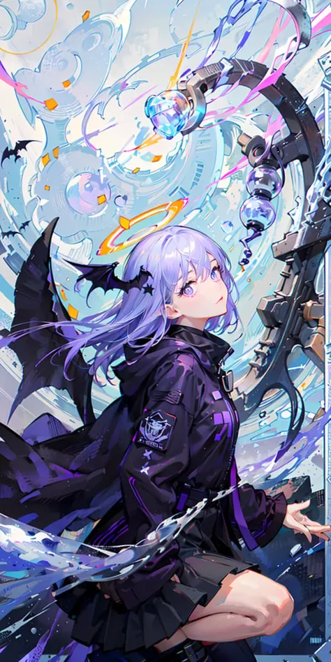 anime girl with purple hair and black cape sitting on a blue floor