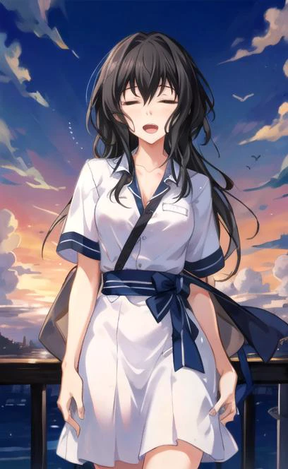 best quality, masterpiece, 1girl, girl focus, solo, looking at viewer, black hair,open mouth, almost closed eyes, smile, facing viewer, sky, cloud,brush, benkei, sunset, arms behind back <lora:Eyes1 to 0.4 benkei:1>
