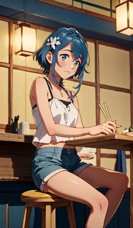 aqwskkr, 1girl, beautiful, masterpiece, 8k,  (blue hair:1.1), hair ornament, medium length hair, blue shorts, white camisole, Japanese restaurant, chopsticks, sitting at table, sushi