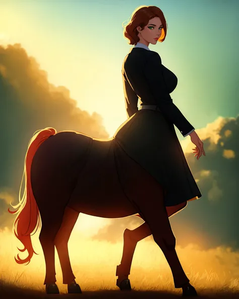 (masterpiece, best quality:1.2), 1girl, back, centaur, solo, hooves, slender, horse ears, horse tail, full body, looking at viewer, outdoors, ginger medium hair, green eyes, lips, cinematic lighting, absurdres, detailed illustration