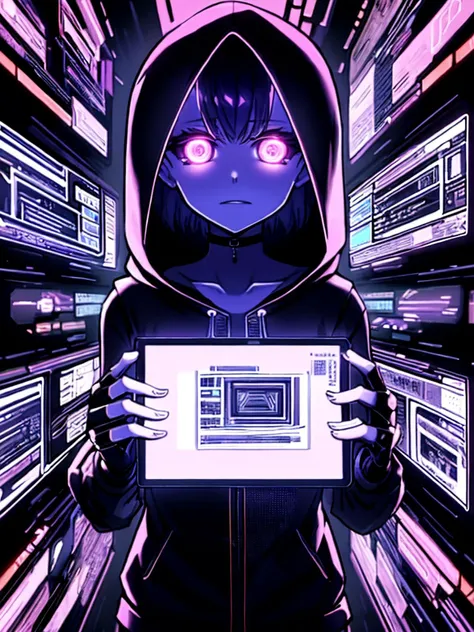 best quality, masterpiece,  jp-dscute1-4750  1girl,  looking at viewer, solo,  upper body, detailed background, detailed face, (<lora:AdsTech:0.6>,  colorful symbols,  , adstech theme:1.1), evil high-tech futuristic hacker,   hoodie, techwear, fingerless g...