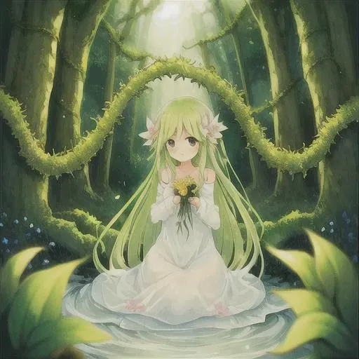 1girl, plant nymph, enchanted forest background, leaves, flowers, vines, flowing hair, full body, Original Character, Volumetric Lighting, Best Shadows, Shallow Depth of Field, Stunningly Beautiful Girl, Petite, Delicate Beautiful Attractive Face