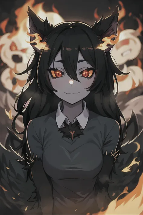 hellhound, black fur, flame eyes, monster girl, full body, Original Character, Volumetric Lighting, Best Shadows, Shallow Depth of Field, Stunningly Beautiful Girl, Delicate Beautiful Attractive Face