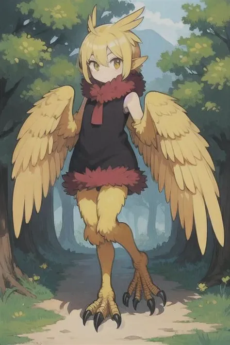 1girl, harpy, lower body of a bird, feathered wings, talons, fur, full body, outdoors,