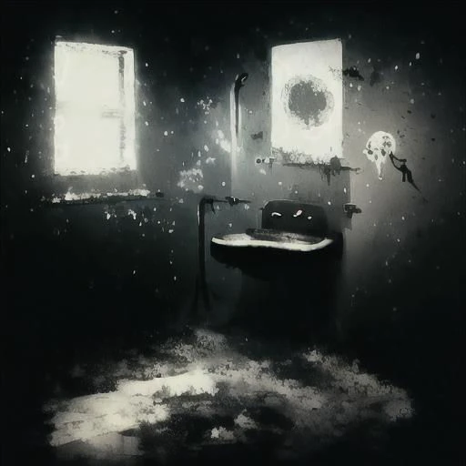 there is a sink in a dark room with two windows