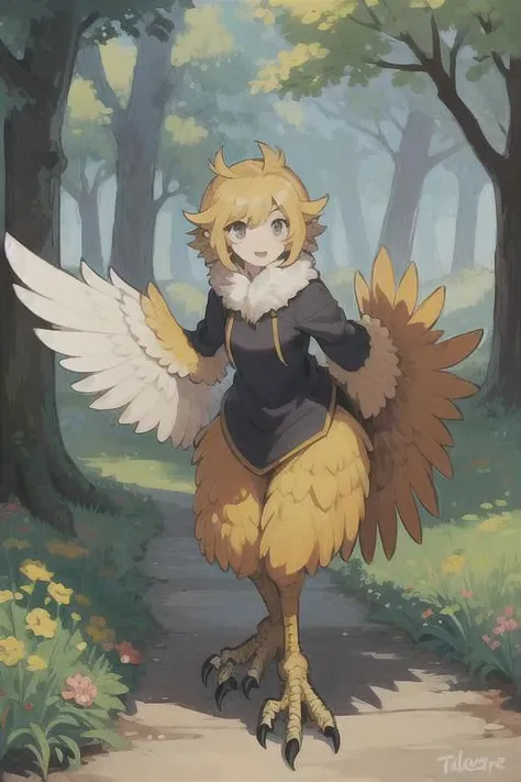 1girl, harpy, lower body of a bird, feathered wings, talons, fur, full body, outdoors,