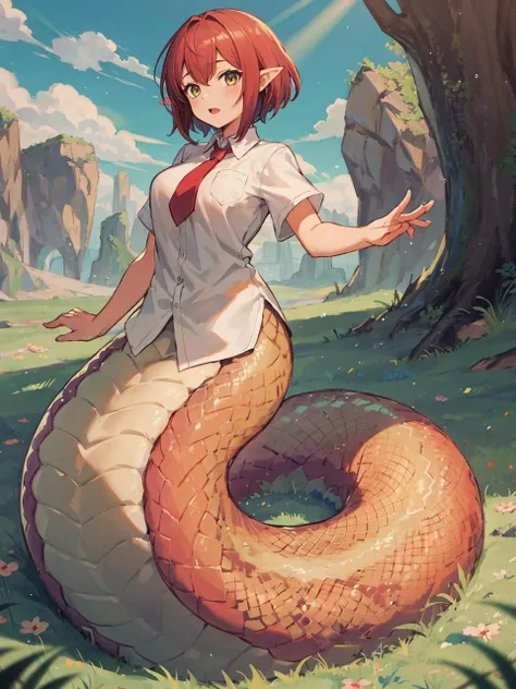 anime girl with red hair and a white shirt sitting on a snake