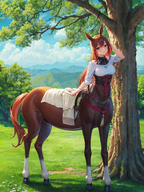 anime girl sitting on a horse in a field next to a tree