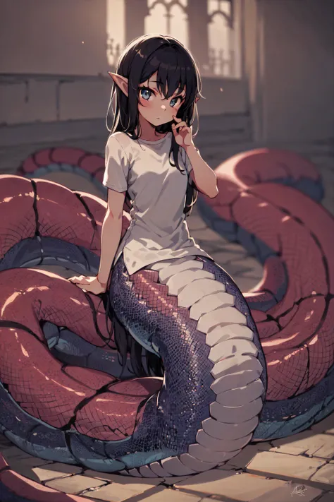 anime girl sitting on a giant snake