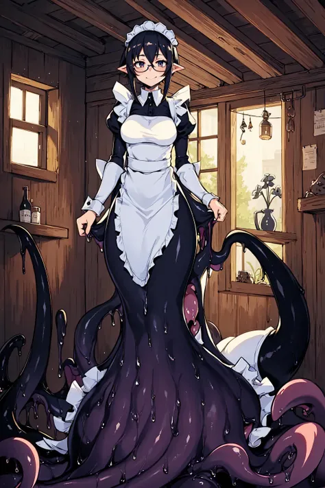 anime character dressed in maid outfit standing in a room with octopus tentacles