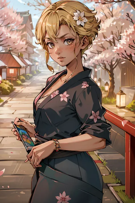 ( masterpiece, best quality, highres:1.3)
CyberAlex, 1girl, short hair, dark-skinned female, yukata, japan, cherry blossoms, hair ornament
 <lora:CyberAlex:0.8>