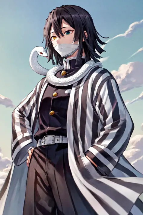 masterpiece, best quality, highres, 1boy obanai, demon slayer uniform vertical stripes jacket black pants, white snake, mask <lora:obanai_mitsuri_2:1> hand on hip