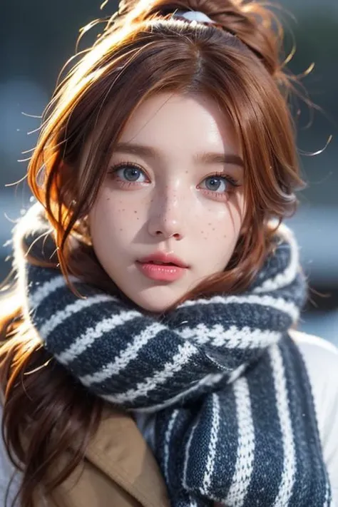 Face behind wooly scarf, Petite redhead Woman in snow, Freckles, face Closeup, face Hidden behind Pastell neon Striped wooly scarf, only blushed flirting eyes visible, looking at viewer, very Detailed, awesome Quality, reflecting, luminescent, translucent,...