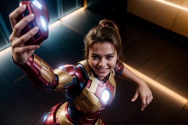 marvel movies,from above,selfie,hyper realistic gopro action photo of a 18 year old girl,ironman,dancing,happy,ray tracing,detai...