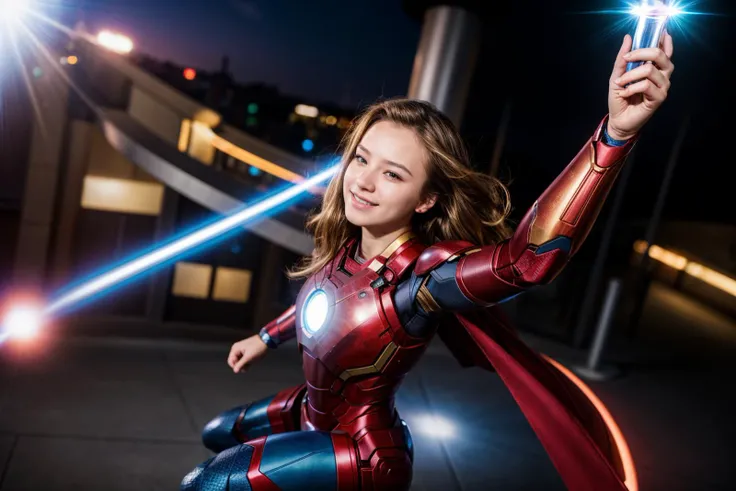 marvel movies,from above,from side and front,hyper realistic gopro action photo of a 18 year old girl,ironman,dancing,happy,look...