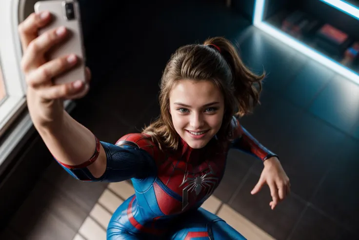 marvel movies,from above,selfie,hyper realistic gopro action photo of a 18 year old girl,spiderman,dancing,happy,ray tracing,det...