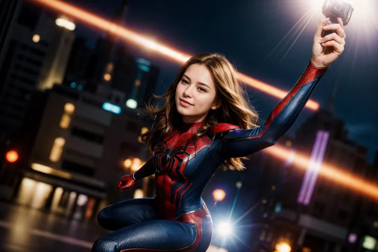 Marvel movies,from above,from side and front,hyper realistic gopro action photo of a 18 year old girl,spiderman,dancing,happy,looking at viewer,outdoor,windy,theme park,ray tracing,detail shadow,shot on Fujifilm X-T4,85mm f1.2,sharp focus,depth of field,bl...