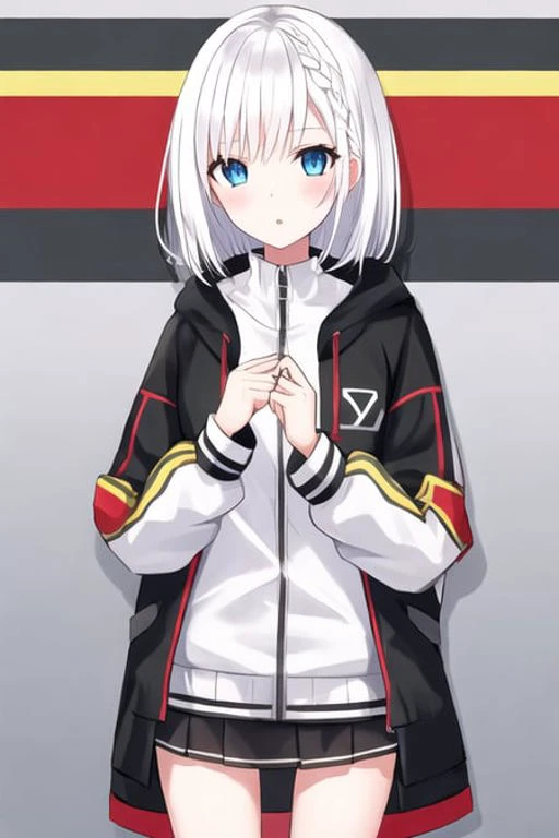 1girl, blue eyes, white hair, short hair, black_jacket,