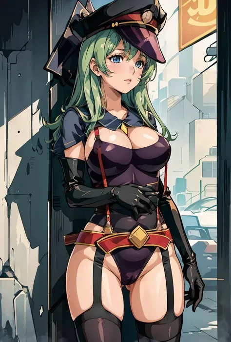 (masterpiece, best quality), 1girl,   <lora:KanakoWatanabe:0.8> KanakoWatanabe, 1girl, solo, long hair, blue eyes, large breasts, black thighhighs, elbow gloves, cleavage, green hair, suspenders, peaked cap, leotard, cameltoe, garter straps, suspenders,