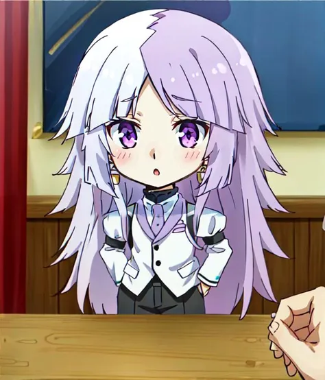 anime girl with purple hair and purple eyes sitting at a table