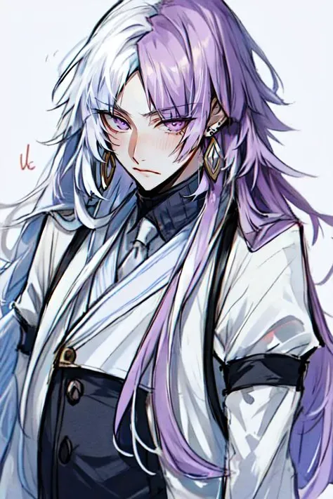 <lora:Sigma_-_Bungo_Stray_Dogs_Updated:1>, 1boy, solo, closed mouth, earrings, jewelry, long hair, looking at viewer, male focus, purple eyes, two-toned hair, mulitcolor hair, white hair, purple hair,