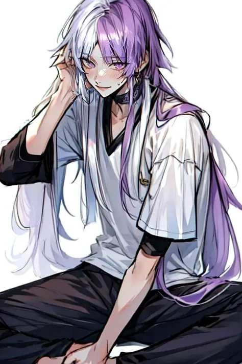 <lora:Sigma_-_Bungo_Stray_Dogs_Updated:1>, 1boy, adult male, long hair, solo, purple hair, male focus, light smile, two-toned hair, purple hair, white hair, sitting, barefoot, sweatpants, T-shirt