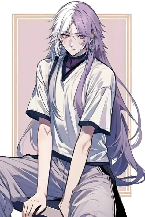 <lora:Sigma_-_Bungo_Stray_Dogs_Updated:1>, 1boy, adult male, long hair, solo, purple hair, male focus, earrings, jewelry, two-toned hair, purple hair, white hair, sitting, barefoot, sweatpants, T-shirt