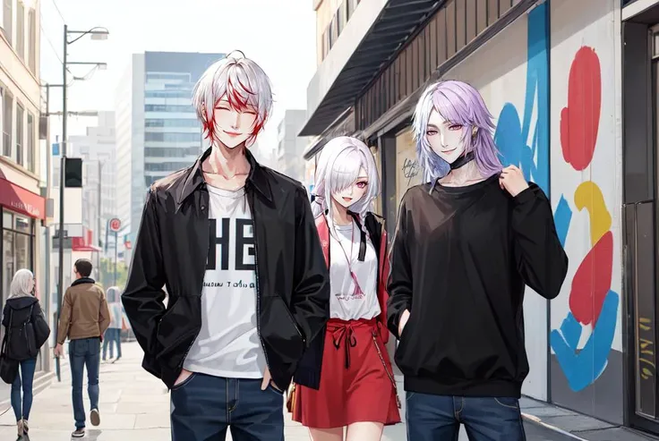 anime characters walking down a city street with a man in a black jacket