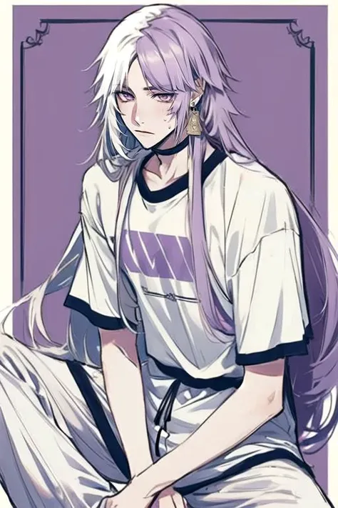 <lora:Sigma_-_Bungo_Stray_Dogs_Updated:1>, 1boy, adult male, long hair, solo, purple hair, male focus, earrings, jewelry, two-toned hair, purple hair, white hair, sitting, barefoot, sweatpants, T-shirt