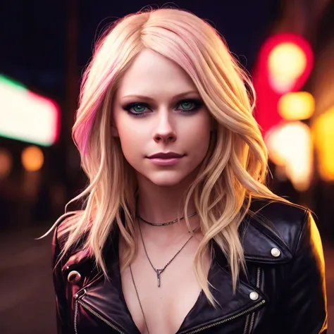 a close up of a woman with blonde hair and a black jacket