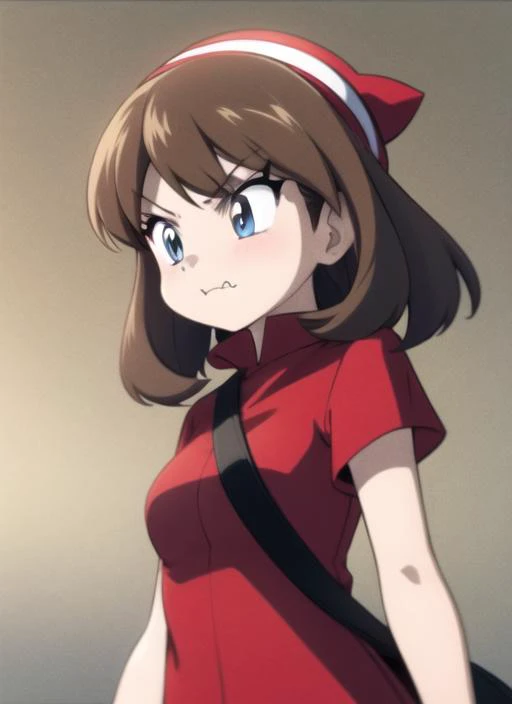 <lora:Adventures:1> 1girl, solo, bangs, blue eyes, brown hair, shirt, closed mouth, upper body, fang, grey eyes, parody, red shirt, bandana, fang out, anime coloring