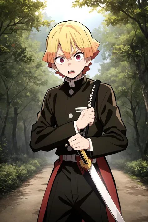 agatsuma zenitsu, demon slayer, 1boy, solo, male focus, holding katana, cowboy shot, weapon, holding weapon, fighting stance,  night, forest,  blonde hair, sky, scared, dark colors, horror, looking at viewer, long sleeves, outdoors, best quality, masterpie...