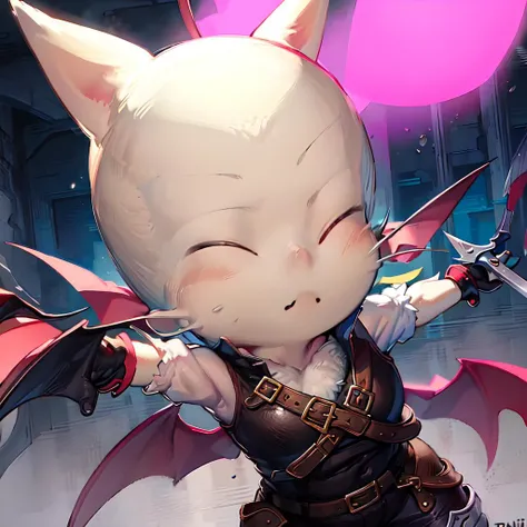 moogle thief, leather tunic, leather pauldrons, knives, <lora:moogle_sV1:1>.