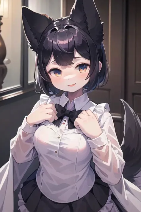 masterpiece, extremely detailed, volumetric light, 1girl, dog themed succubus, wearing black and white frilly maid outfit, black hair, dog ears, fluffy dog tail, dog eyes, dog nose, very dark skin, smile, sunny, inside a mansion setting, blushing, (beautif...